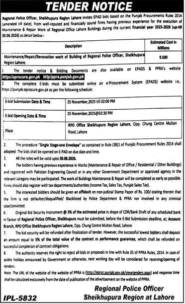 Police Department Sheikhupura Tender Notice